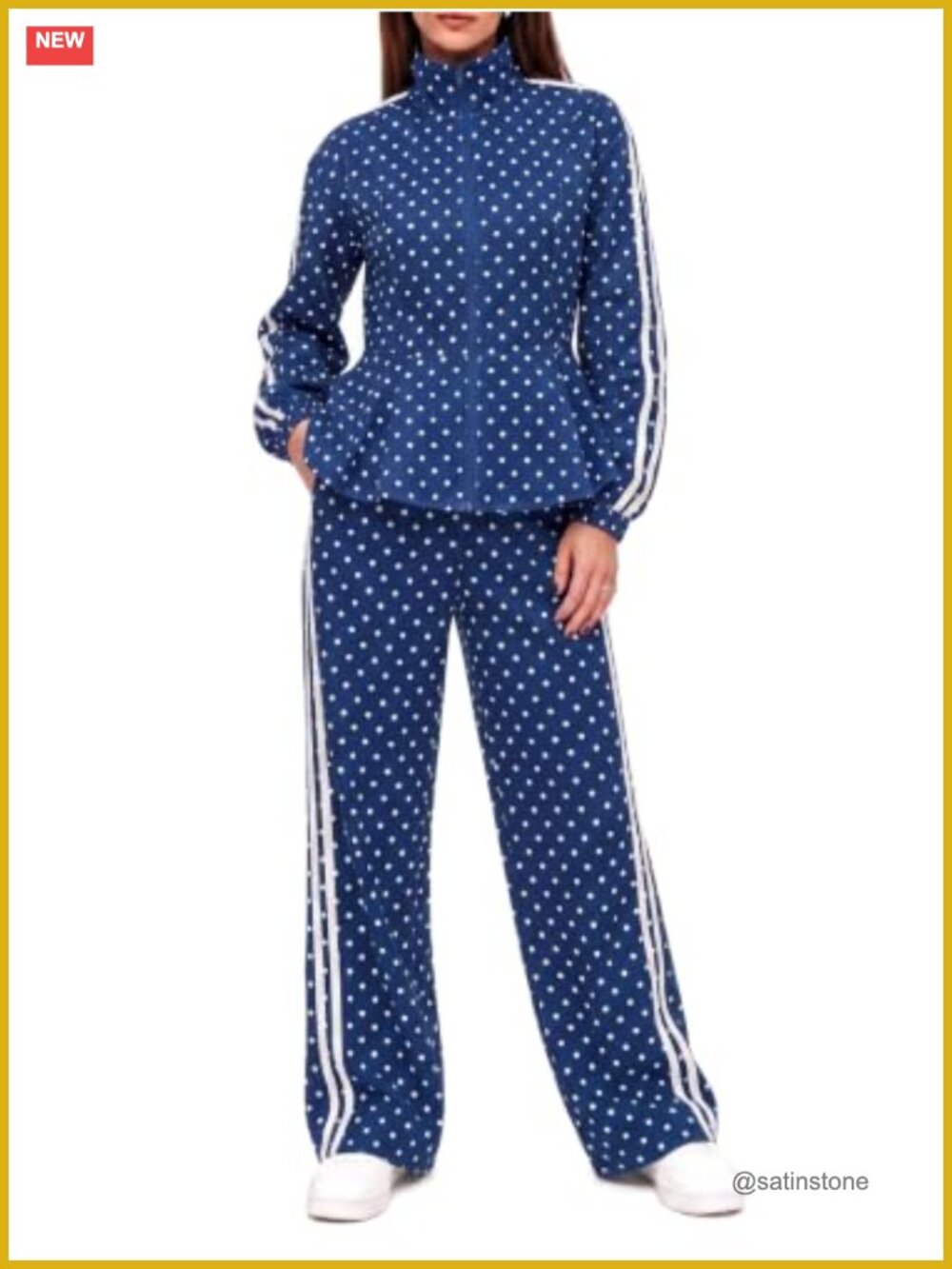 Women 2 Piece Polka Dot Ruffle Zip Up Jacket Wide Leg Pant Set